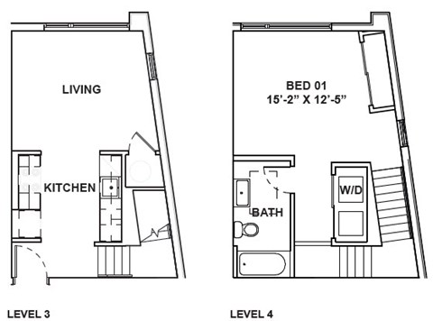 A floor plan shows a living area, kitchen, and bedroom on the first level and a bathroom and second bedroom on the second level.